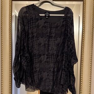 Chic Charcoal Houndstooth Women's Blouse With Silver Metallic Thread